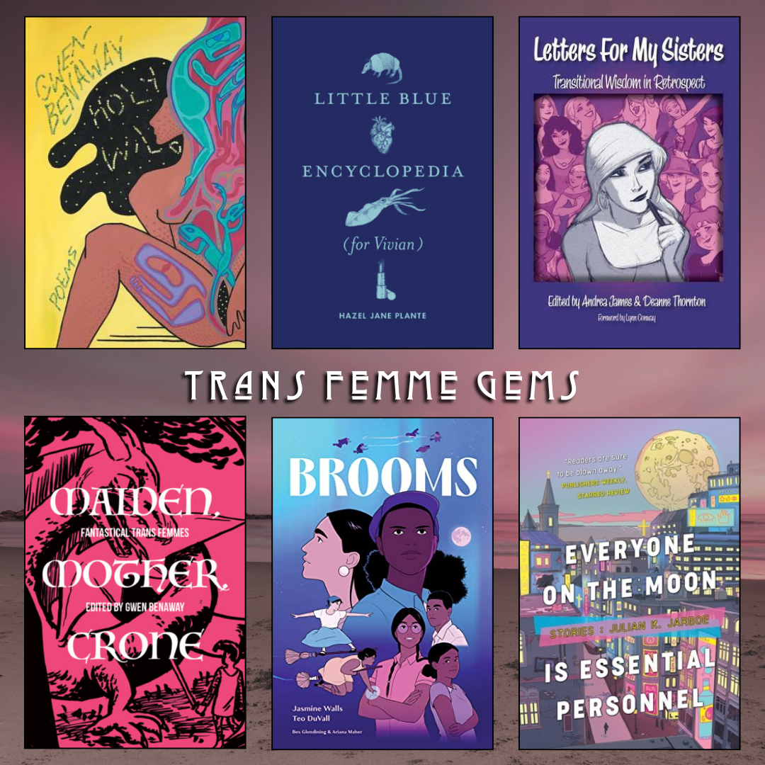 Trans Femme Gems book recommendations. Holy Wild by Gwen Benaway. Little Blue Encyclopedia (for Vivian) by Hazel Jane Plante. Letters for my Sisters Edited by Andrea James and Deanne Thornton. Maiden Mother Crone Edited by Gwen Benaway. Brooms by Jasmine Wells and Teo Duvall. Everyone on the Moon is Essential Personnel, Stories: Julian K. Jarboe.