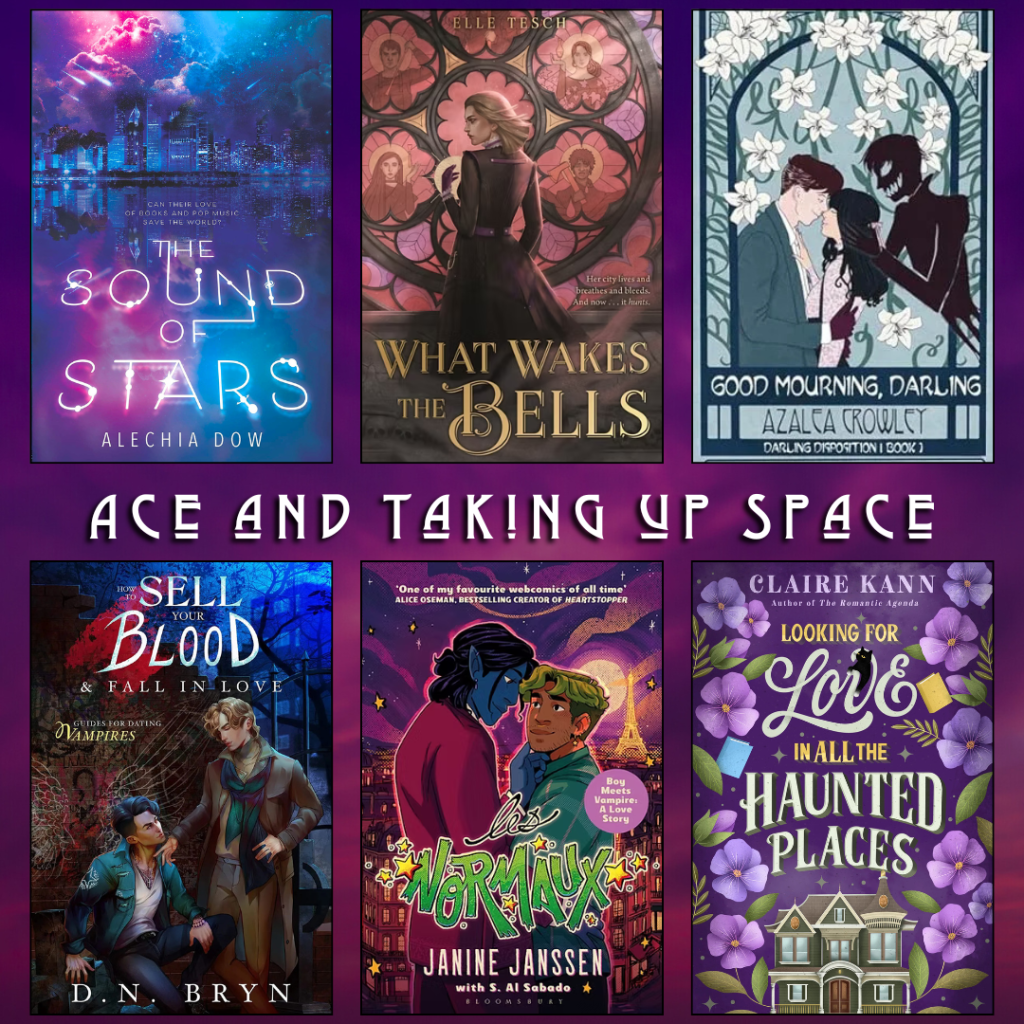Ace and Taking Up Space book recs. To be taught if fortunate by Becky Chambers. Cute Mutants by SJ Whitby. Being Ace Edited by Madeline Dyer. He Bears the Cape of Stars edited by Nina Waters. The Bone Witch by Rin Chupeco. Beyond, The Queer Scifi and Fantasy Comics Anthology edited by Sfé R. Monster.