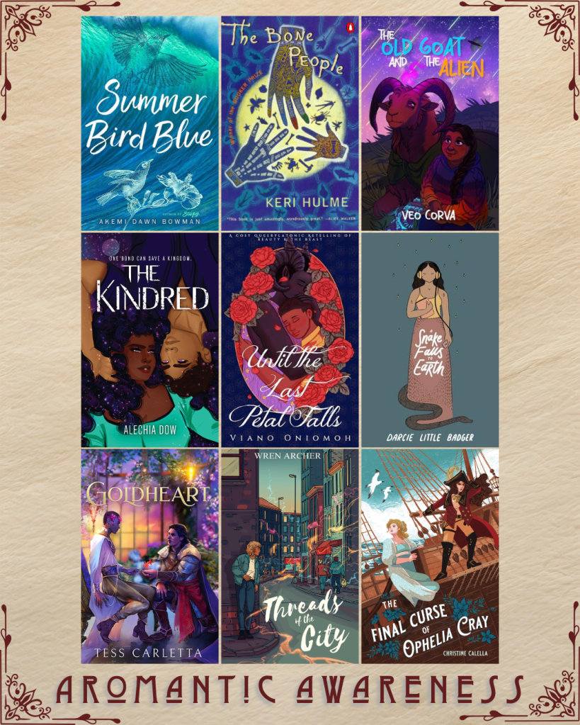 Aromantic awareness book recs. Summer Bird Blue by Akemi Dawn Bowman. The Bone People by Keri Hulme. The Goat and the Alien by Veo Corva. The Kindred by Alechia Dow. Until the Last Petal Falls by Viano Oniomoh. A Snake Falls to Earth by Darcie Little Badger. Goldheart by Tess Carletta. Threads of the City by Wren Archer. The final curse of Ophelia Cray by Christine Calella.