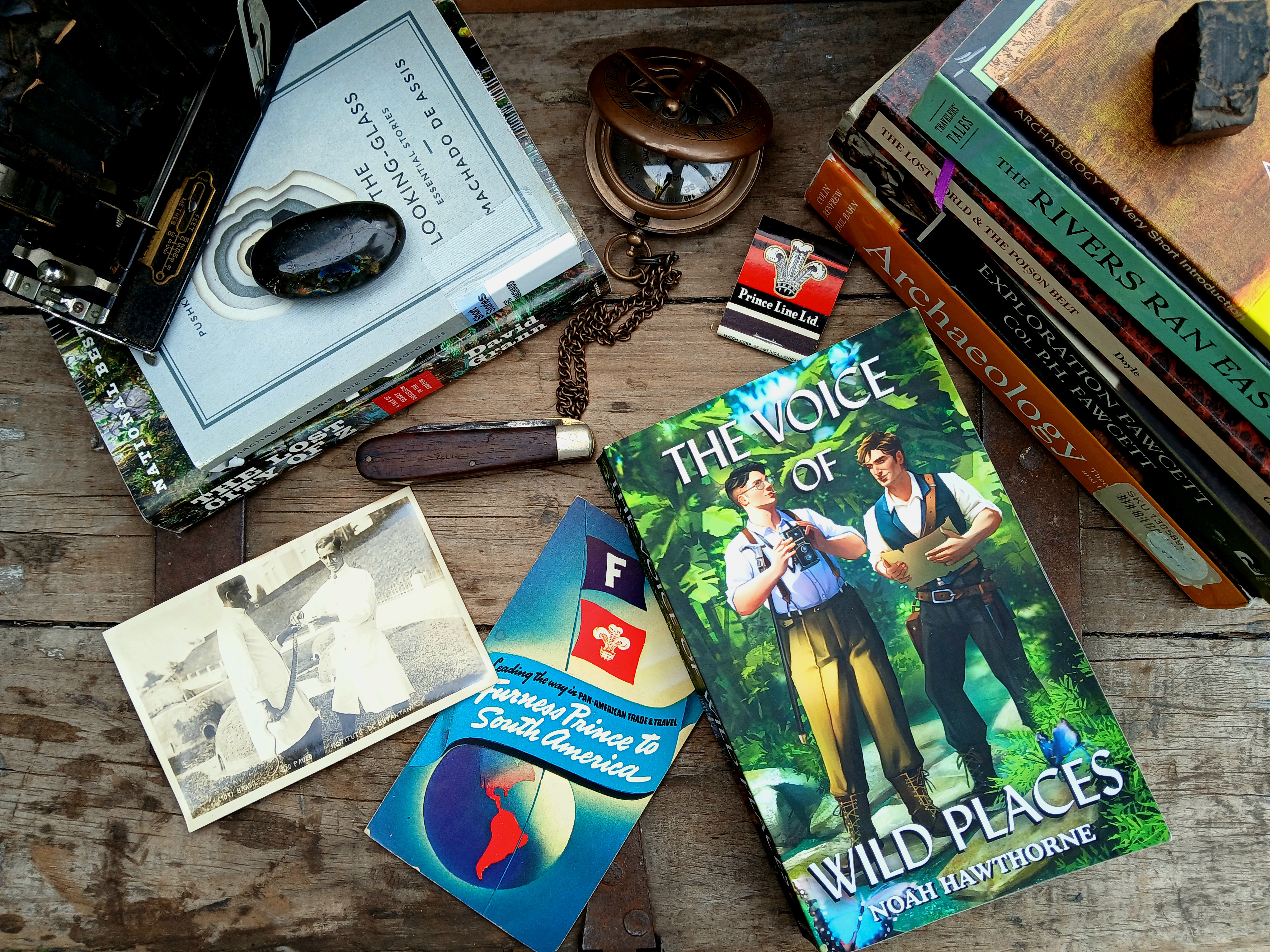 A layout of objects on a wooden chest, the perspective is top down. A stack of books to the left and right, a 1930s Kodak Autographic Brownie camera, a pocket knife, a postcard of two men from the Butantan Institue, a brochure from the Furness Prince to South America, a paperback copy of The Voice of Wild Places by Noah Hawthorne, a compass, a matchbook from the Furness Prince Line.