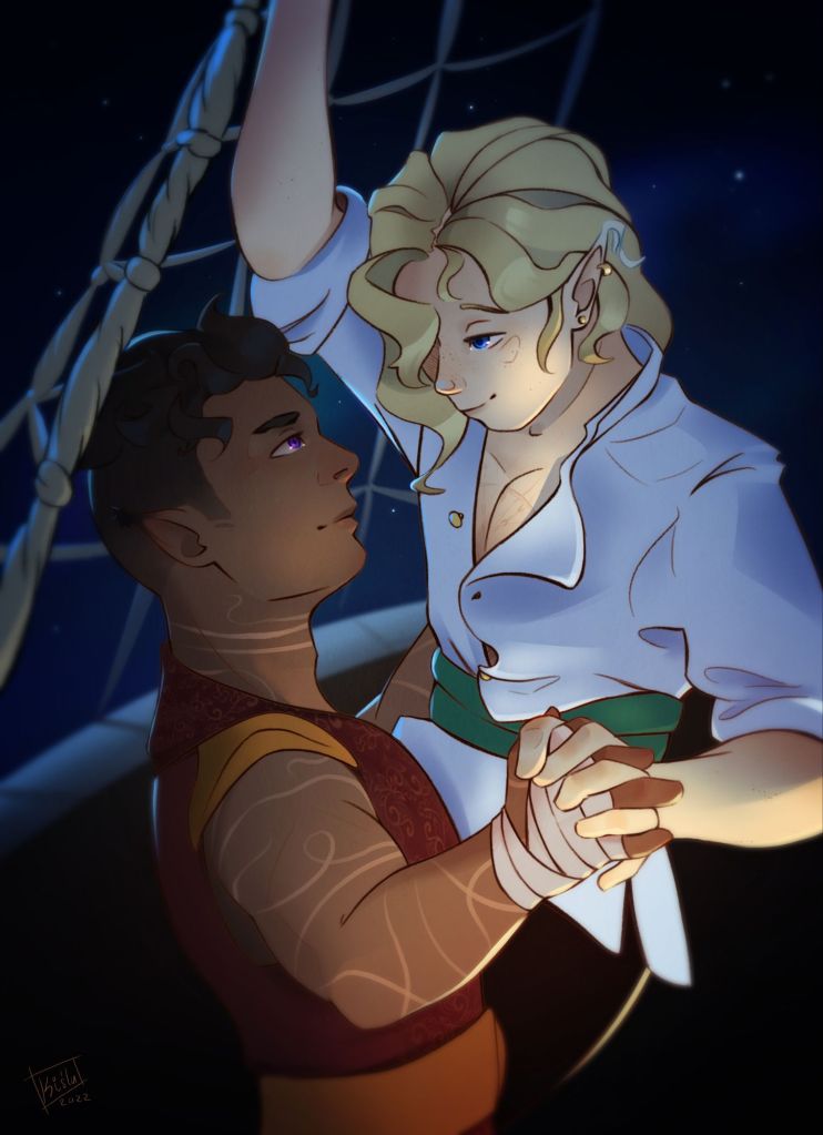 An illustration of two men on a pirate ship flying through the sky. One has fair skin and long blonde hair, he holds onto a net and the hand of a Black man with shorter dark hair. They stare into each other's eyes, fond and curious.