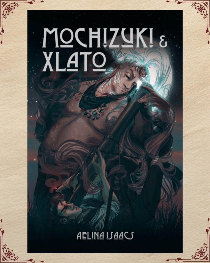 Ebook cover of Mochizuki and Xlato by Aelina Isaacs.


A book cover for Mochizuki & Xlato by Noah Hawthorne, also known as Aelina Isaacs, illustrating a pale vampire, wearing a white shirt with the sleeves rolled up, a dark waist coat and dark slacks, laying on his back in the wet midnight grass. He smokes a cigarette, whose strong tobaccan smoke wafts in the air in a thick stylized current, floating into the moonlight and carrying his lower body up with it. He doesn't pay it any heed though, because he is looking for aliens. His attention is entirely consumed looking into the end of the brass telescope that he lays under, adjusting dials and tilting the angle because some exterior force keeps subtly shifting the scope. That force, meddling with the telescope, is the incredibly obvious alien floating in the smoke. They are a huge being, large enough to near fill the cover with their imposing girth, and they are a handsome one with all the charisma of the god Dionysus and the quiet personal amusement of the fey. They have grey skin that glitters with the fragmented hues of opals between patterns like a shark that are most apparent in their long ribbon like ear lobes. Their half lidded eyes are black with white irises and look down over a shallow wide nose with condensing humour at the vampire looking for them. They're not exactly a danity creature, at least a plump four times the width of the vampire, and even in the dark they glow from the gills slicing through their cheeks and neck. What's more they are not a modest dresser, in open flowing robes that themselves are transparent, and a silk scarf with jingling celestial jewellery. But still, in the starry night they remain unnoticed and amuse themselves with this fact by gently pushing the telescope that is being utilised to find them.