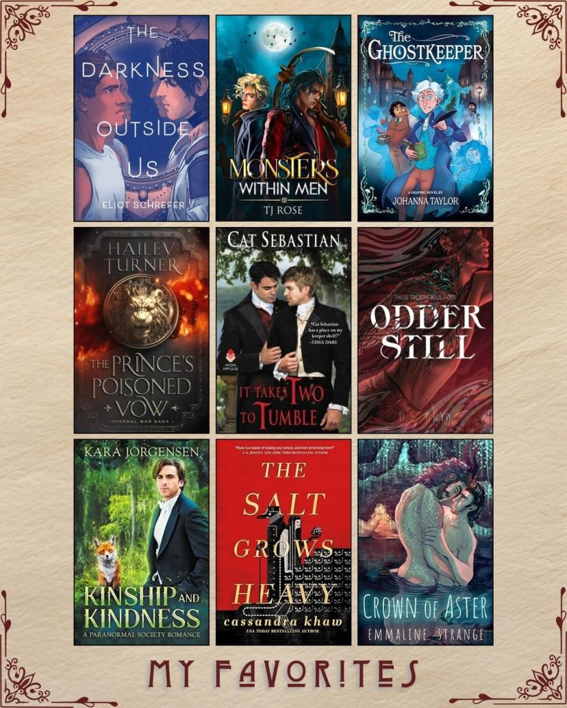 A graphic captioned My Favorites with nine ebook covers. The Darkness Outside US by Eliot Schrefer. Monsters Within Men by TJ Rose. The Ghostkeeper by Johanna Taylor. The Prince's Poisoned Vow by Hailey Turner. It Takes Two to Tumble by Cat Sebastian. Odder Still by DN Bryn. Kinship and Kindness by Kara Jorgensen. The Salt Grows Heavy by Cassandra Khaw. Crown of Aster by Emmaline Strange.