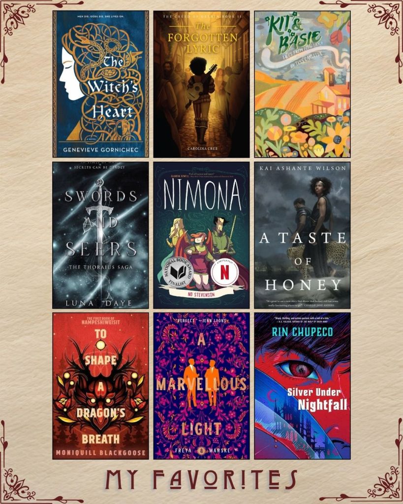 A graphic captioned My Favorites with nine ebook covers. The Witch's Heart by Genevieve Gornichec. The Forgotten Lyric by Carolina Cruz. Kit and Basie by Tess Carletta. Swords and Seers by Luna Daye. Nimona by N.D. Stevenson. A Taste of Honey by Kai Ashante Wilson. To Shape a Dragon's Breath by Moniquill Blackgoose. A Marvellous Light by Freya Marske. Silver Under Nightfall by Rin Chupeco.