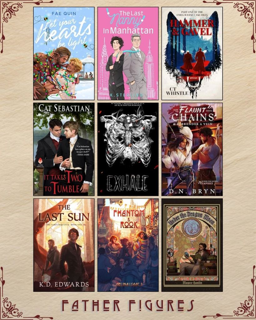 A graphic captioned Father Figures with nine ebook covers. Let your Hearts be Light by Fae Quin. The Last Nanny in Manhattan by K. Sterling. Hammer and Gavel by CT Whistle. It Takes Two to Tumble by Cat Sebastian. Exhale by Joel Abernathy. The Last Sun by KD Edwards. Phantom and Rook by Aelina Isaacs. Under the Dragon Moon by Mawce Hanlin.